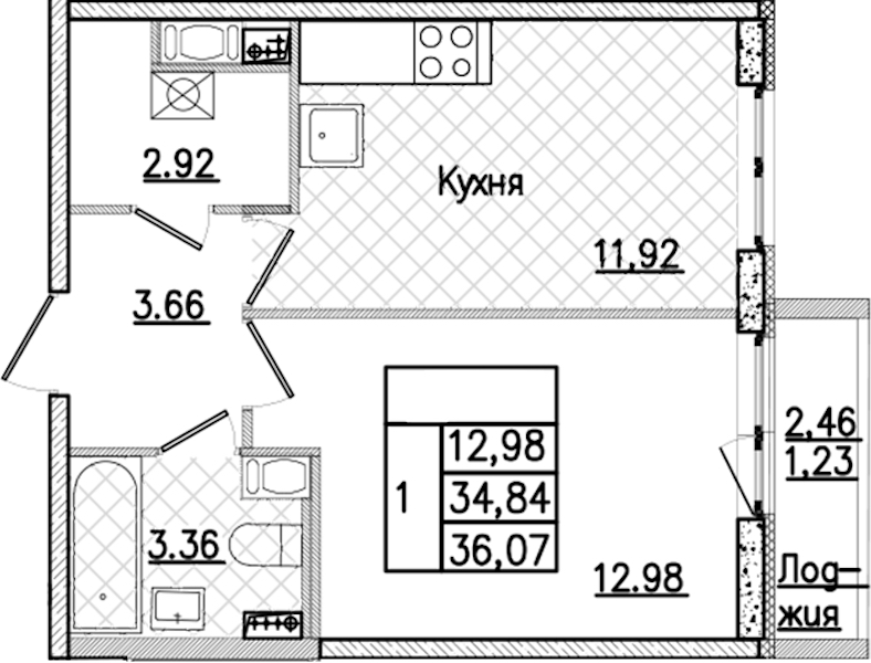 1-комнатная квартира 36.07 м², 8/9 эт., ЖК «Кинопарк»