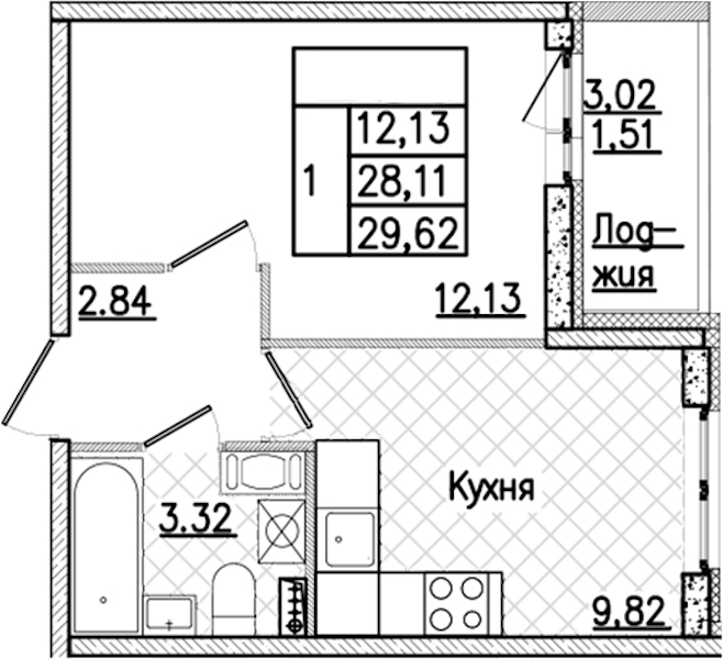 1-комнатная квартира 29.62 м², 9/9 эт., ЖК «Кинопарк»