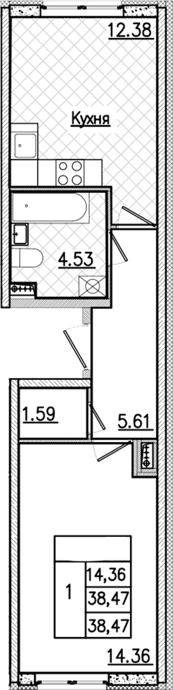 1-комнатная квартира 38.47 м², 2/9 эт., ЖК «Кинопарк»