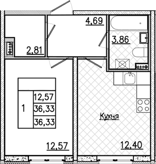 1-комнатная квартира 36.33 м², 2/9 эт., ЖК «Кинопарк»
