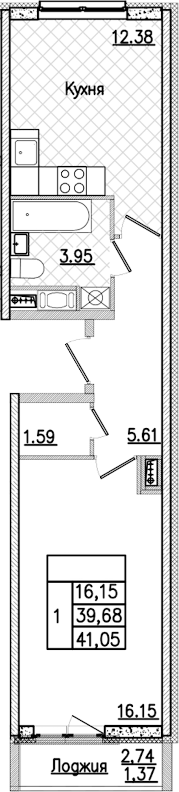 1-комнатная квартира 41.05 м², 3/9 эт., ЖК «Кинопарк»