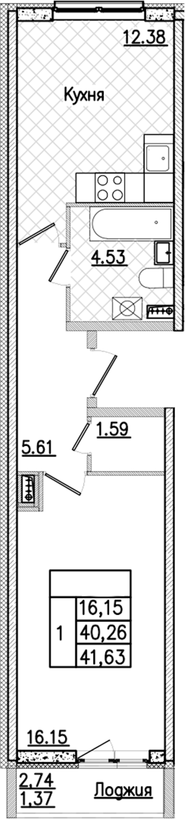 1-комнатная квартира 41.63 м², 3/9 эт., ЖК «Кинопарк»