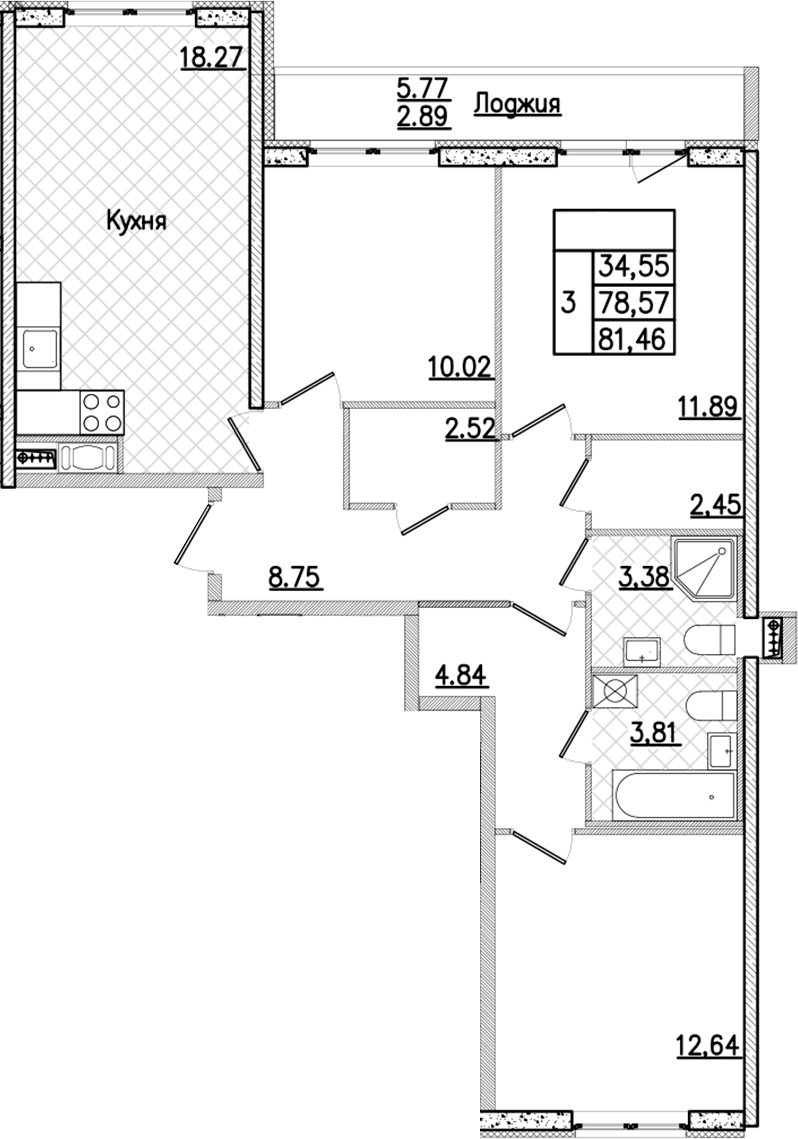 3-комнатная квартира 81.46 м², 4/9 эт., ЖК «Кинопарк»