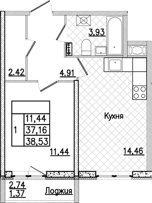 1-комнатная квартира 38.53 м², 4/9 эт., ЖК «Кинопарк»
