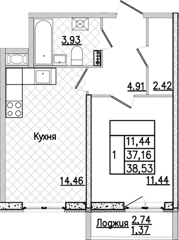 1-комнатная квартира 38.53 м², 6/9 эт., ЖК «Кинопарк»