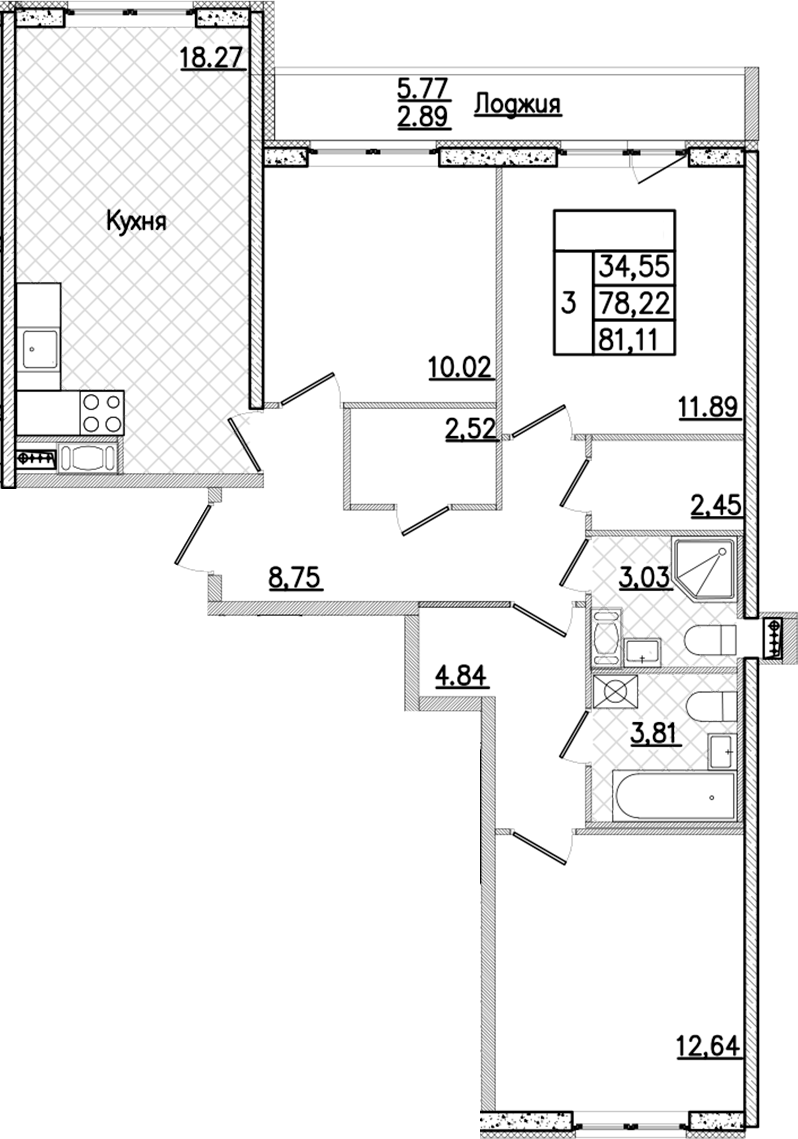 3-комнатная квартира 81.11 м², 8/9 эт., ЖК «Кинопарк»