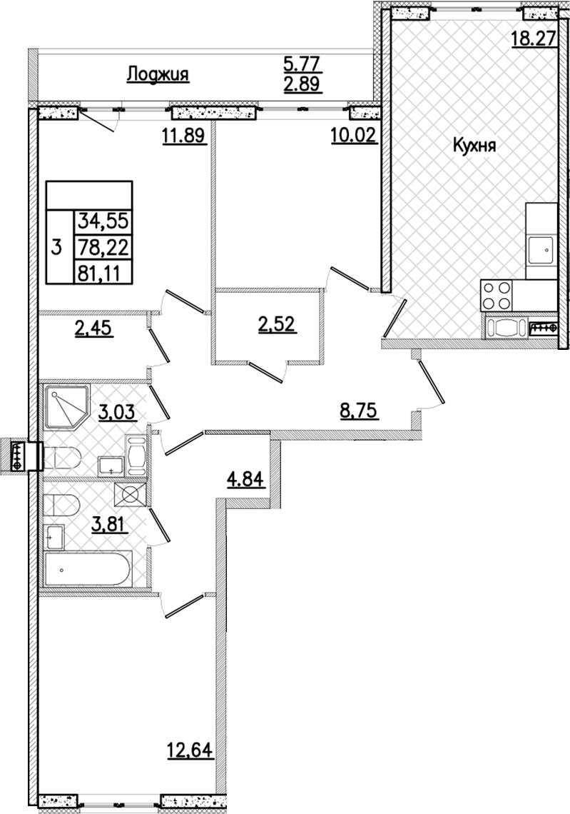 3-комнатная квартира 81.11 м², 9/9 эт., ЖК «Кинопарк»