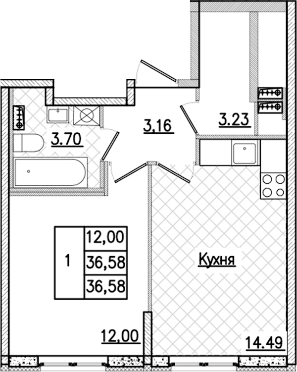 1-комнатная квартира 36.58 м², 1/9 эт., ЖК «Кинопарк»