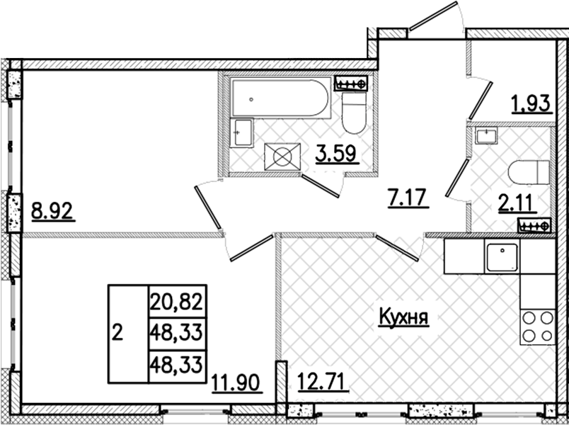 2-комнатная квартира 48.33 м², 1/9 эт., ЖК «Кинопарк»