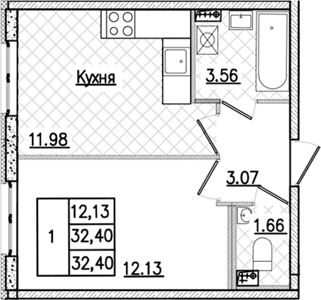 1-комнатная квартира 32.4 м², 1/9 эт., ЖК «Кинопарк»