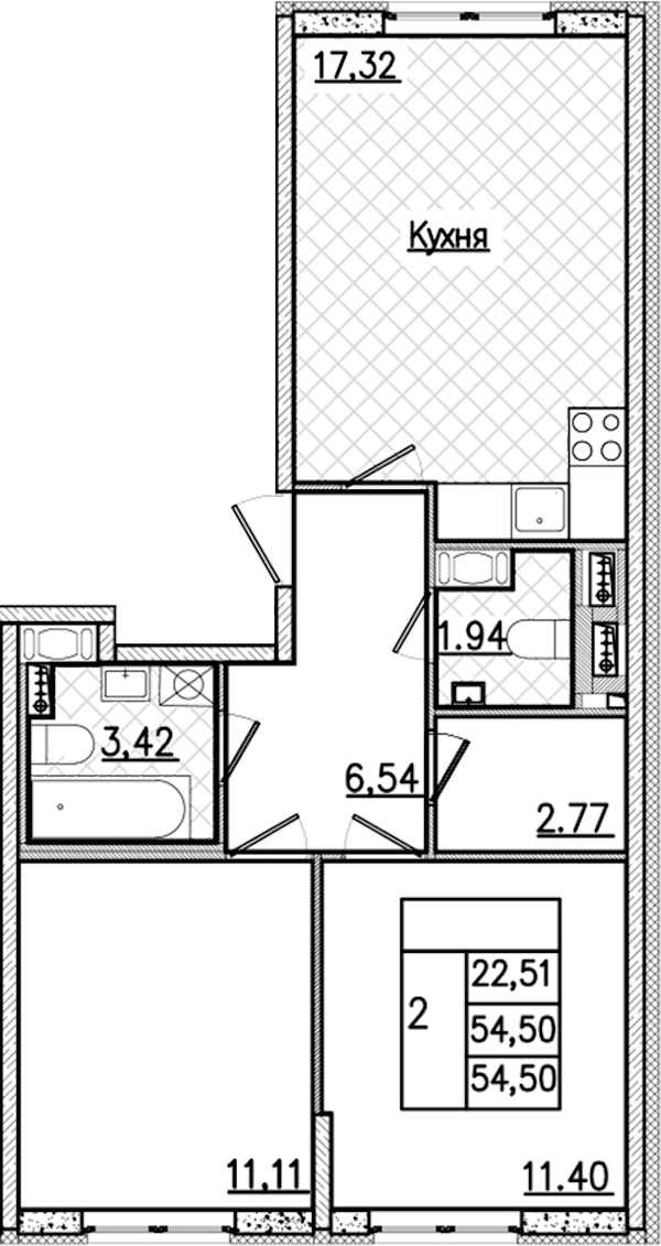2-комнатная квартира 54.5 м², 2/9 эт., ЖК «Кинопарк»