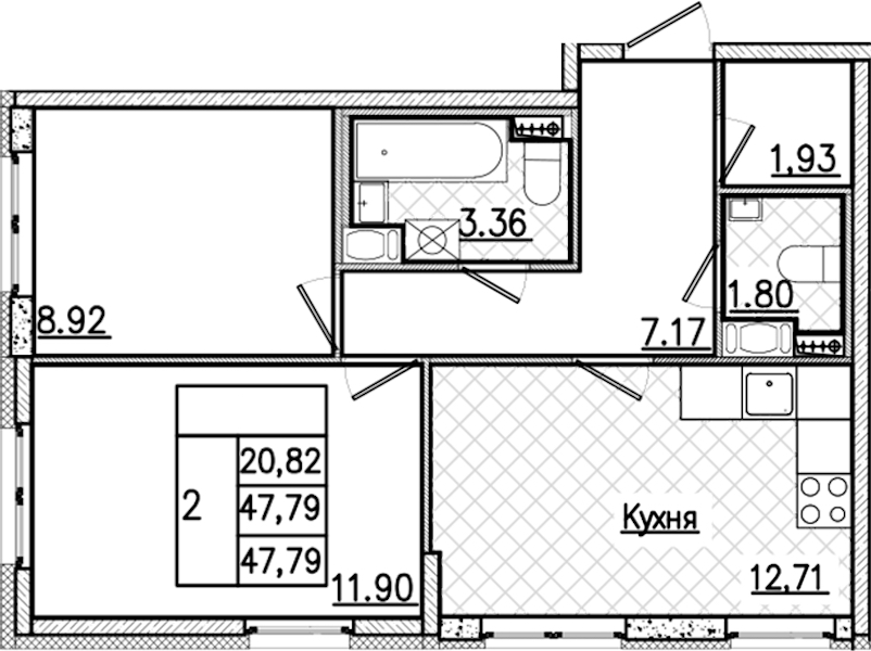 2-комнатная квартира 47.79 м², 2/9 эт., ЖК «Кинопарк»