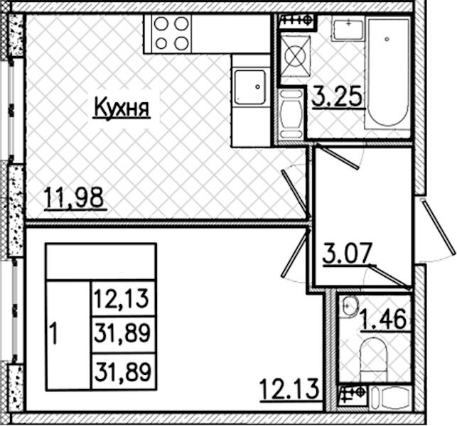 1-комнатная квартира 31.89 м², 2/9 эт., ЖК «Кинопарк»