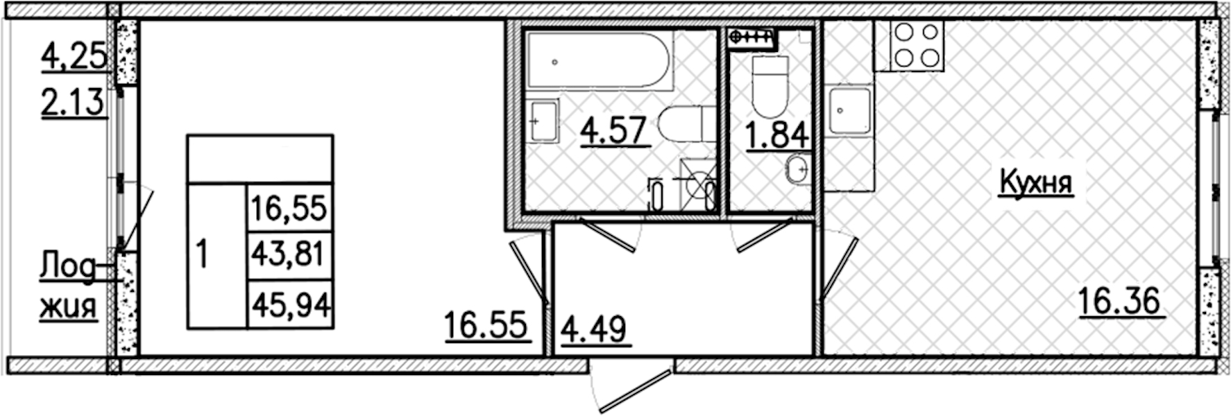 1-комнатная квартира 45.94 м², 2/9 эт., ЖК «Кинопарк»