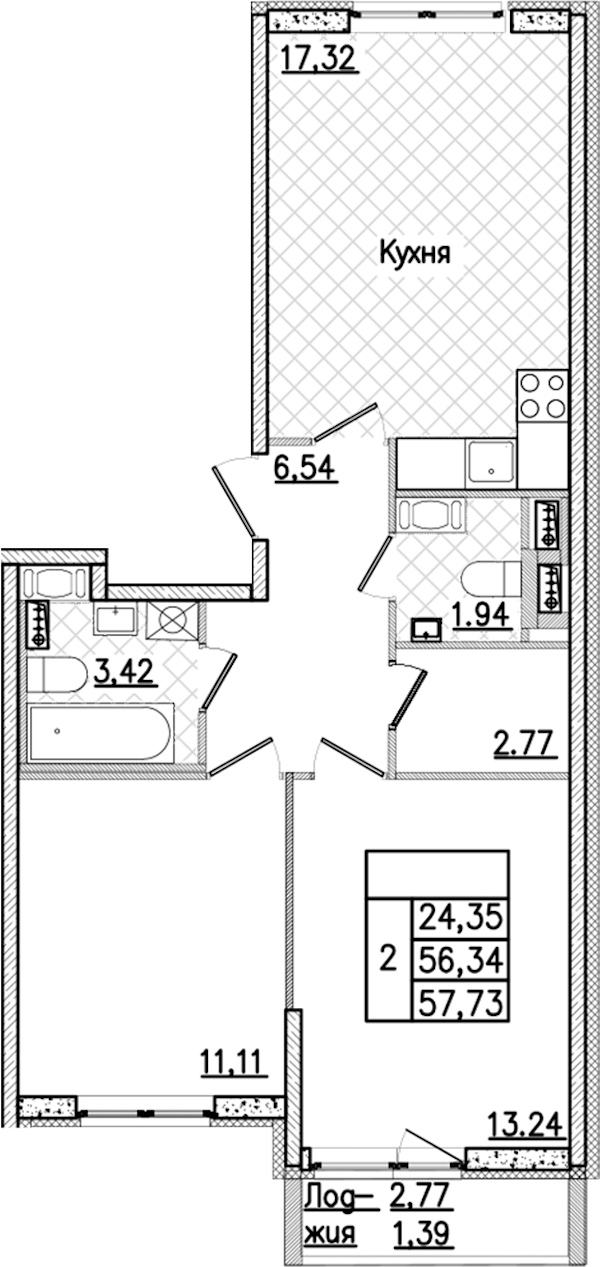 2-комнатная квартира 57.73 м², 3/9 эт., ЖК «Кинопарк»