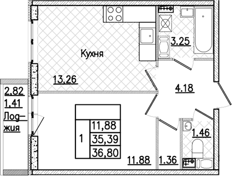1-комнатная квартира 36.8 м², 3/9 эт., ЖК «Кинопарк»