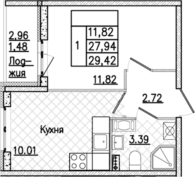 1-комнатная квартира 29.42 м², 3/9 эт., ЖК «Кинопарк»