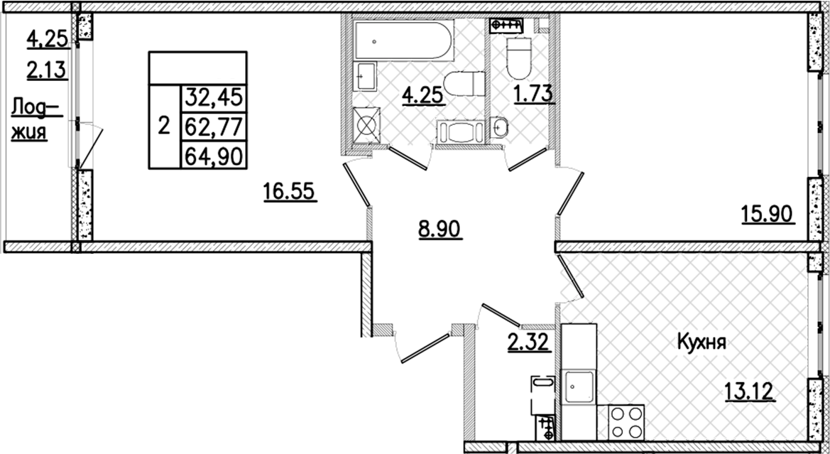 2-комнатная квартира 64.9 м², 3/9 эт., ЖК «Кинопарк»