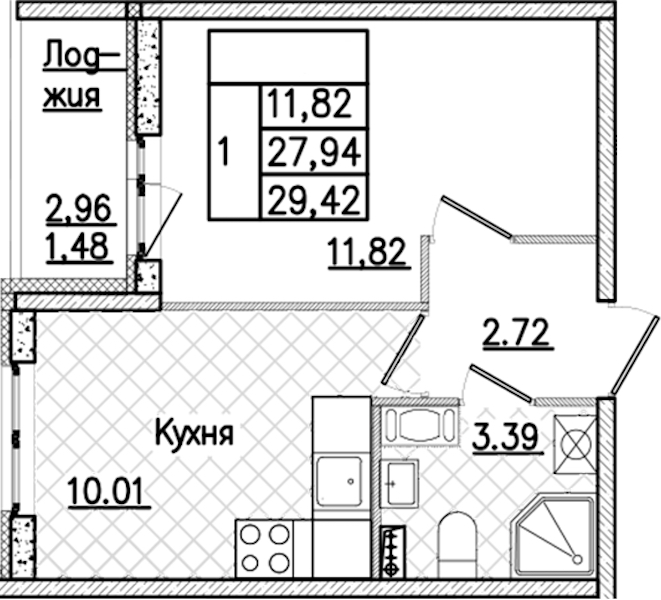 1-комнатная квартира 29.42 м², 6/9 эт., ЖК «Кинопарк»