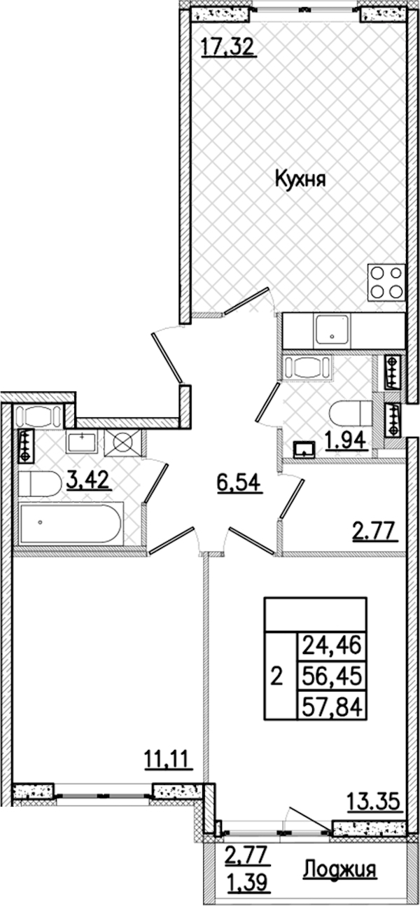 2-комнатная квартира 57.84 м², 7/9 эт., ЖК «Кинопарк»