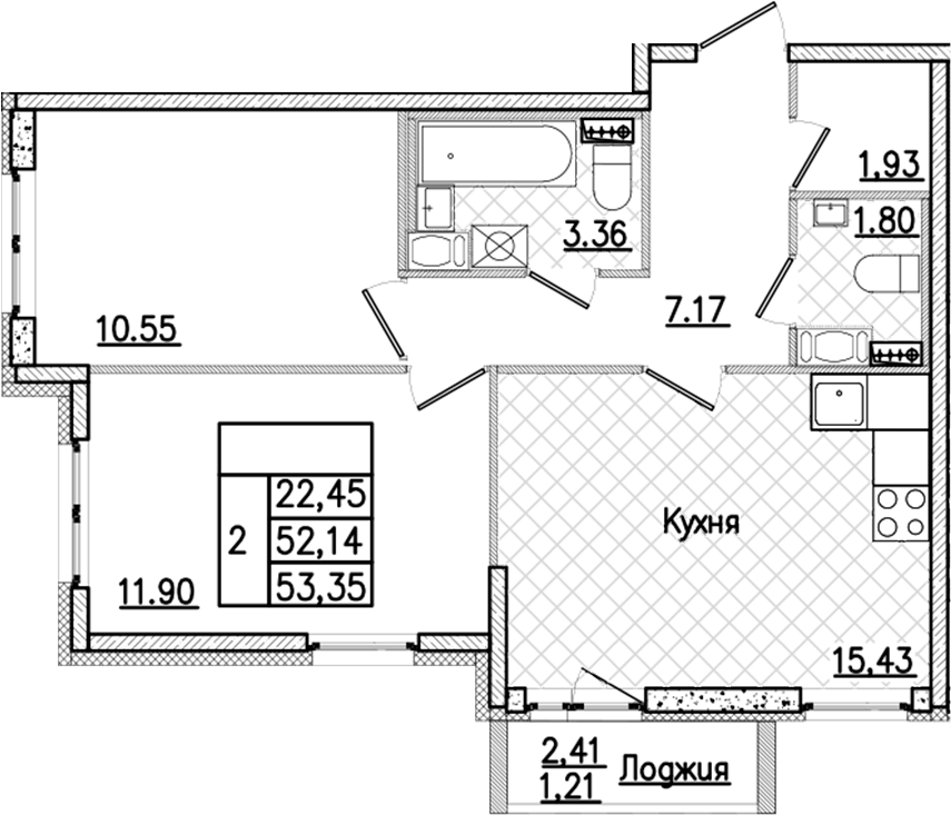 2-комнатная квартира 53.35 м², 8/9 эт., ЖК «Кинопарк»