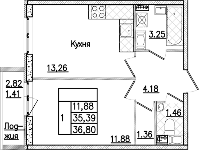 1-комнатная квартира 36.8 м², 8/9 эт., ЖК «Кинопарк»