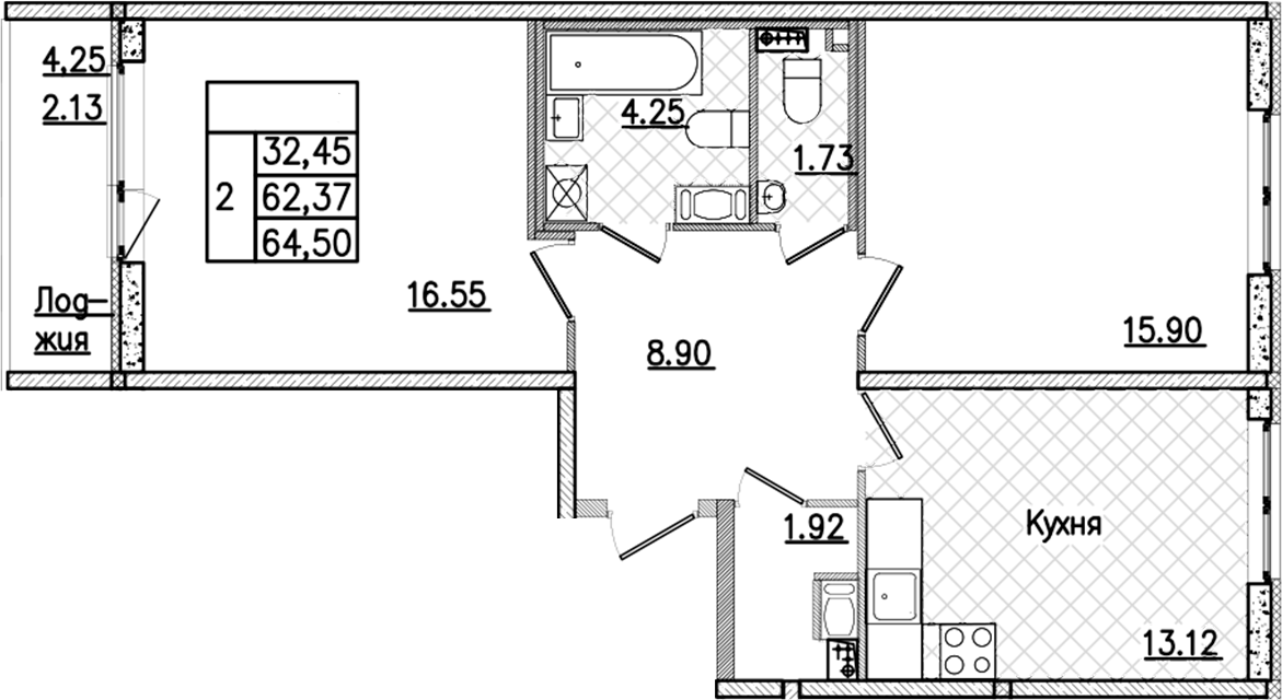 2-комнатная квартира 64.5 м², 8/9 эт., ЖК «Кинопарк»
