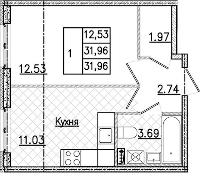 1-комнатная квартира 31.96 м², 1/9 эт., ЖК «Кинопарк»