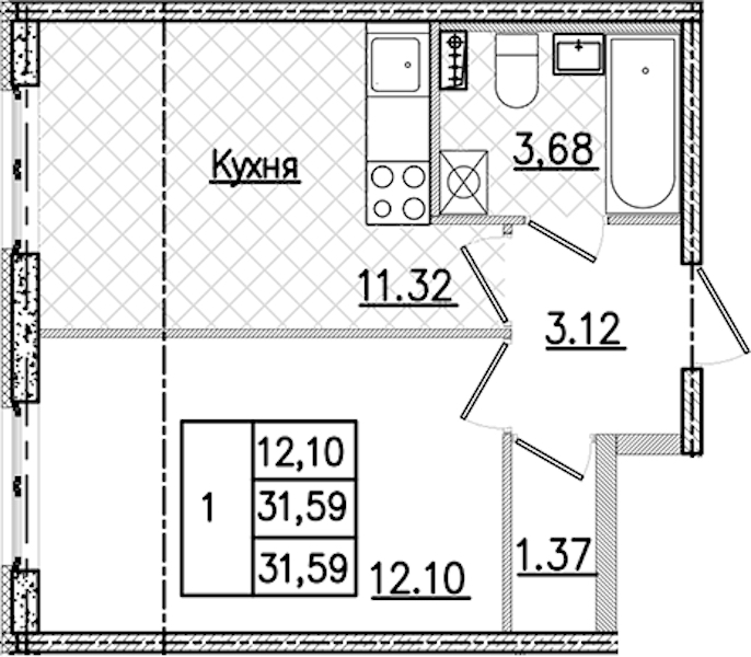 1-комнатная квартира 31.59 м², 1/9 эт., ЖК «Кинопарк»