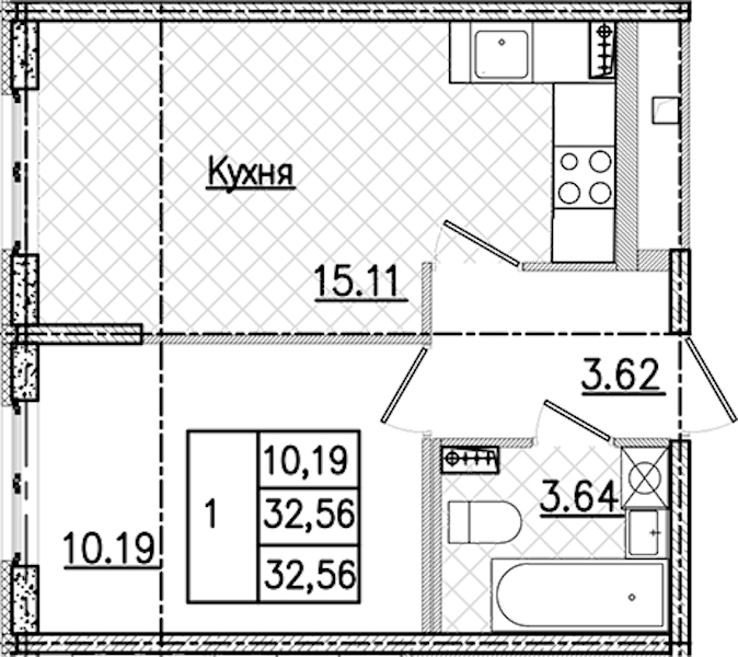 1-комнатная квартира 32.56 м², 1/9 эт., ЖК «Кинопарк»