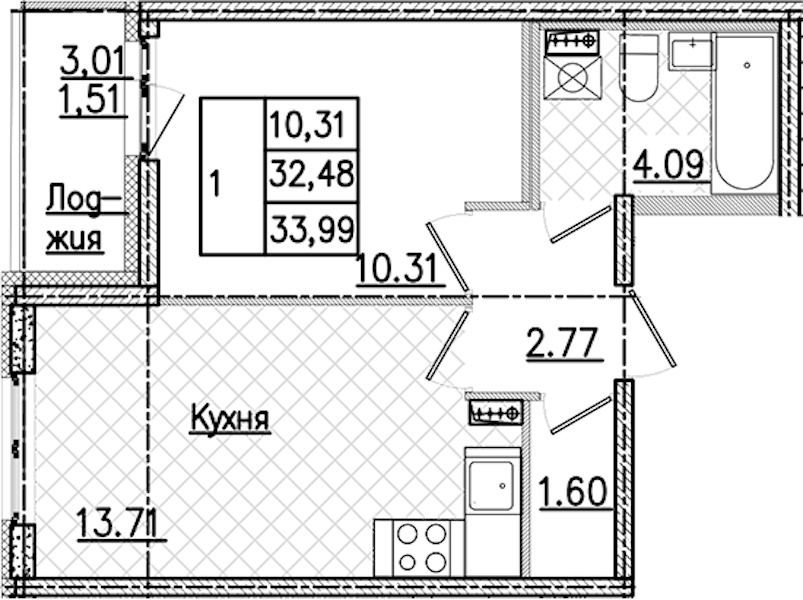 1-комнатная квартира 33.99 м², 1/9 эт., ЖК «Кинопарк»
