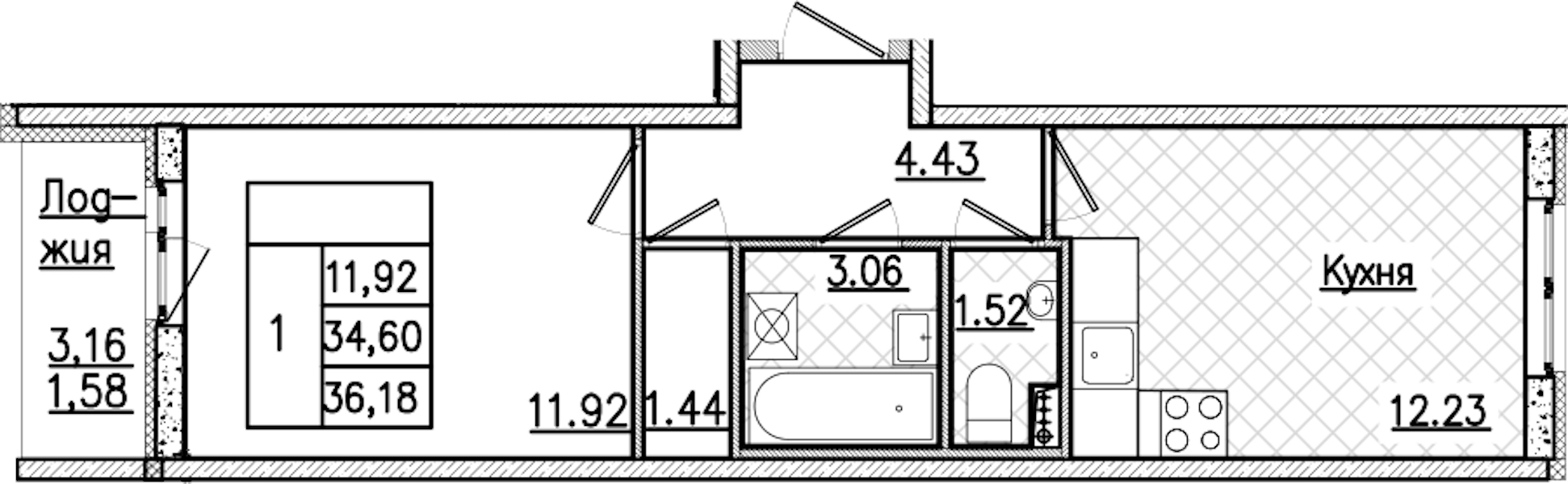 1-комнатная квартира 36.18 м², 2/9 эт., ЖК «Кинопарк»