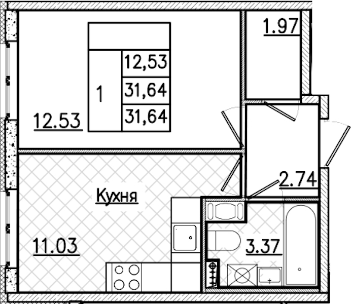 1-комнатная квартира 31.64 м², 2/9 эт., ЖК «Кинопарк»