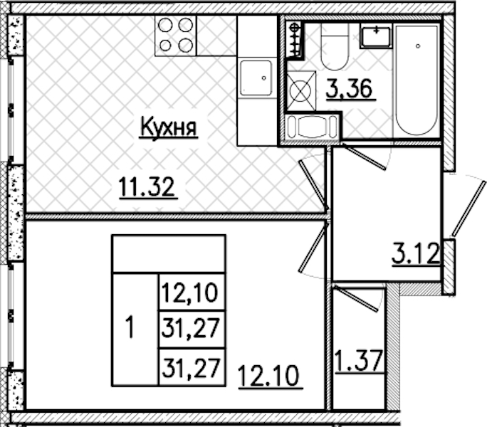 1-комнатная квартира 31.27 м², 2/9 эт., ЖК «Кинопарк»