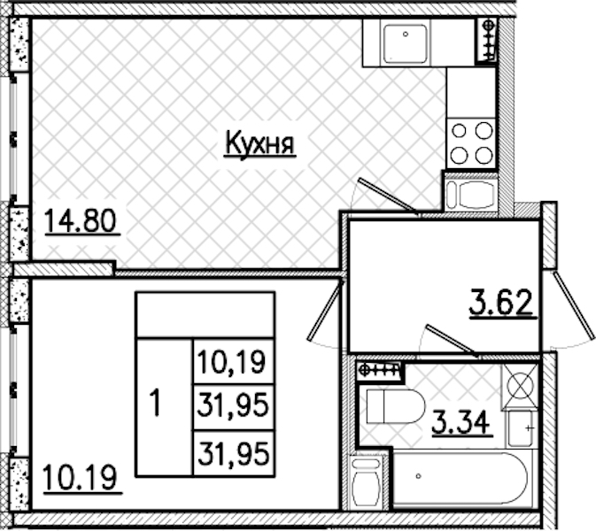 1-комнатная квартира 31.95 м², 2/9 эт., ЖК «Кинопарк»