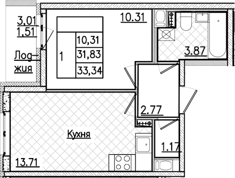 1-комнатная квартира 33.34 м², 2/9 эт., ЖК «Кинопарк»