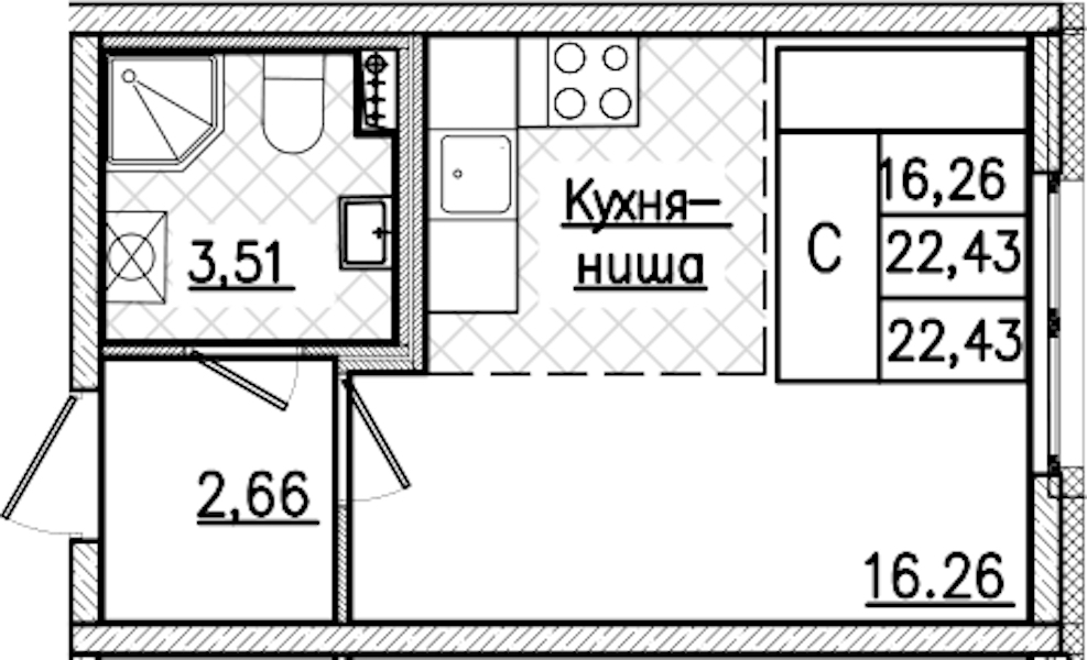 Квартира студия 22.43 м², 2/9 эт., ЖК «Кинопарк»