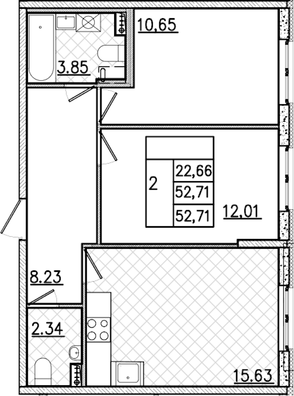 2-комнатная квартира 52.71 м², 2/9 эт., ЖК «Кинопарк»