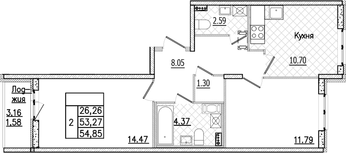 2-комнатная квартира 54.85 м², 3/9 эт., ЖК «Кинопарк»