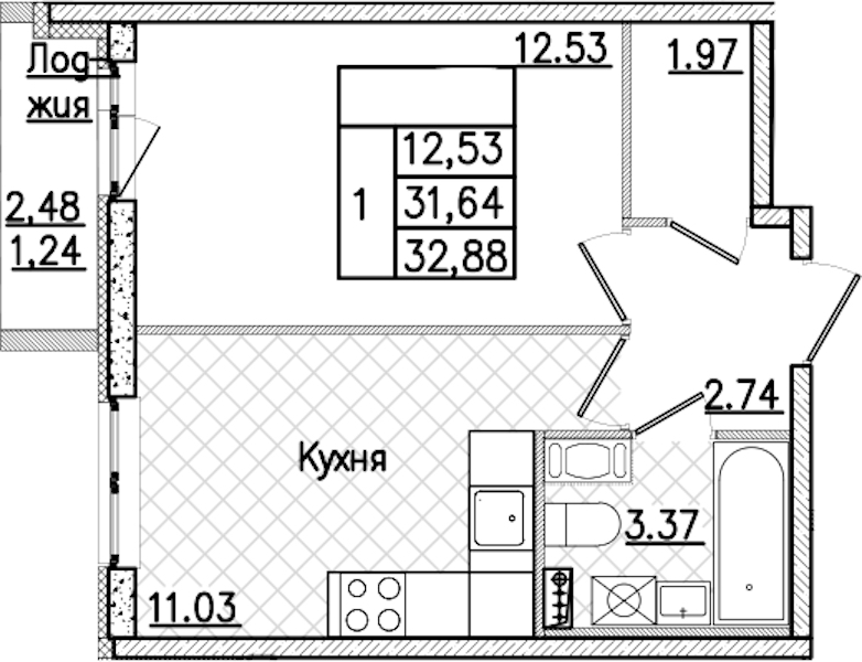 1-комнатная квартира 32.88 м², 3/9 эт., ЖК «Кинопарк»
