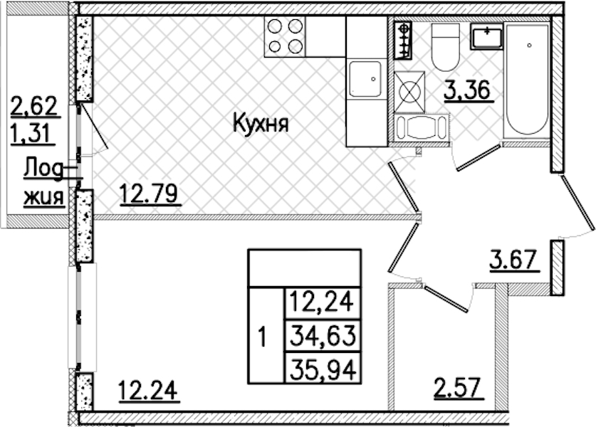 1-комнатная квартира 35.94 м², 3/9 эт., ЖК «Кинопарк»