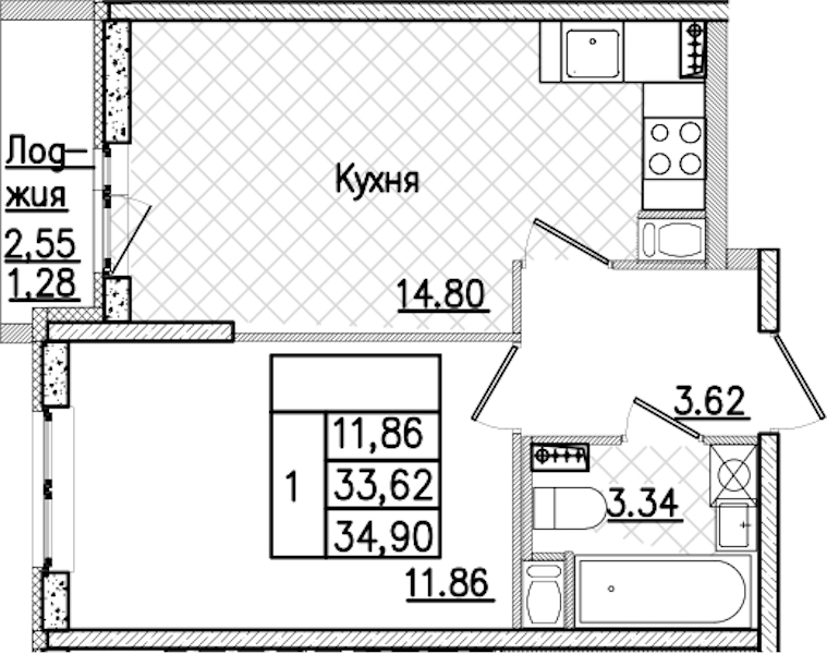 1-комнатная квартира 34.9 м², 3/9 эт., ЖК «Кинопарк»