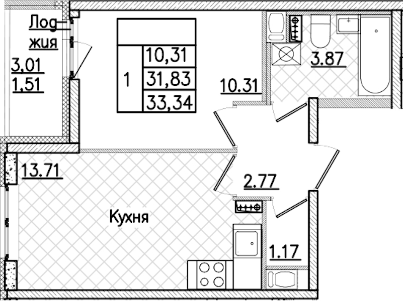 1-комнатная квартира 33.34 м², 3/9 эт., ЖК «Кинопарк»