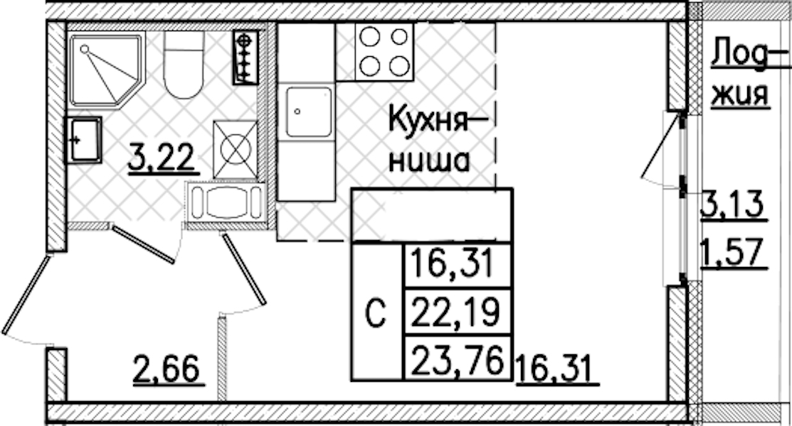 Квартира студия 23.76 м², 3/9 эт., ЖК «Кинопарк»
