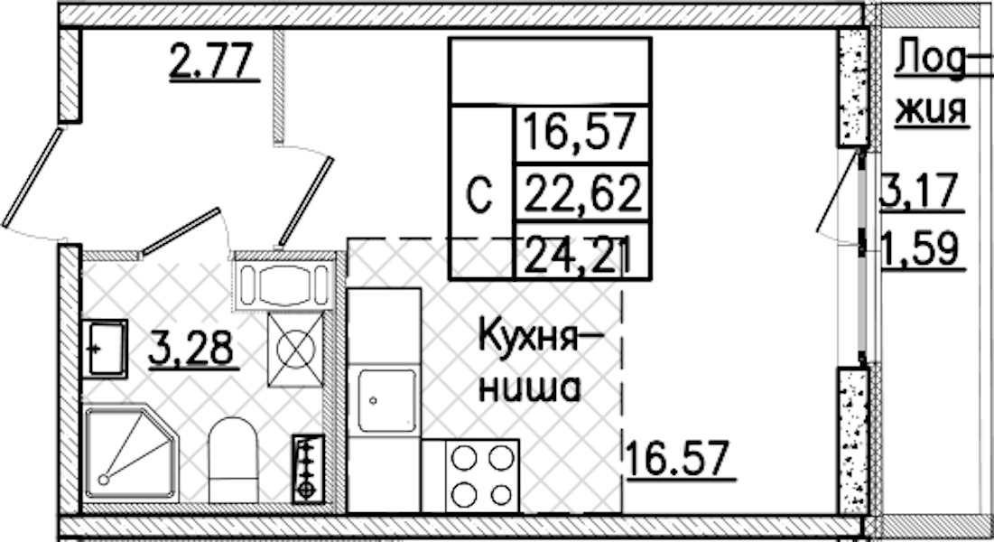 Квартира студия 24.21 м², 3/9 эт., ЖК «Кинопарк»