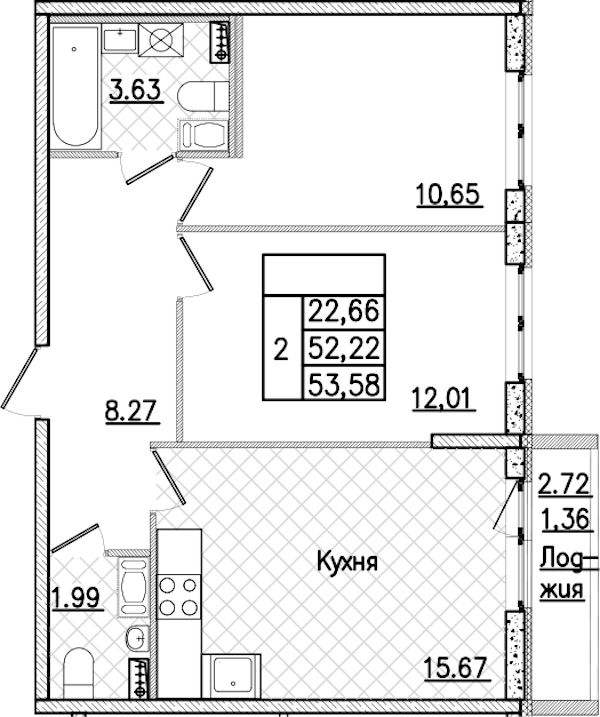 2-комнатная квартира 53.58 м², 3/9 эт., ЖК «Кинопарк»