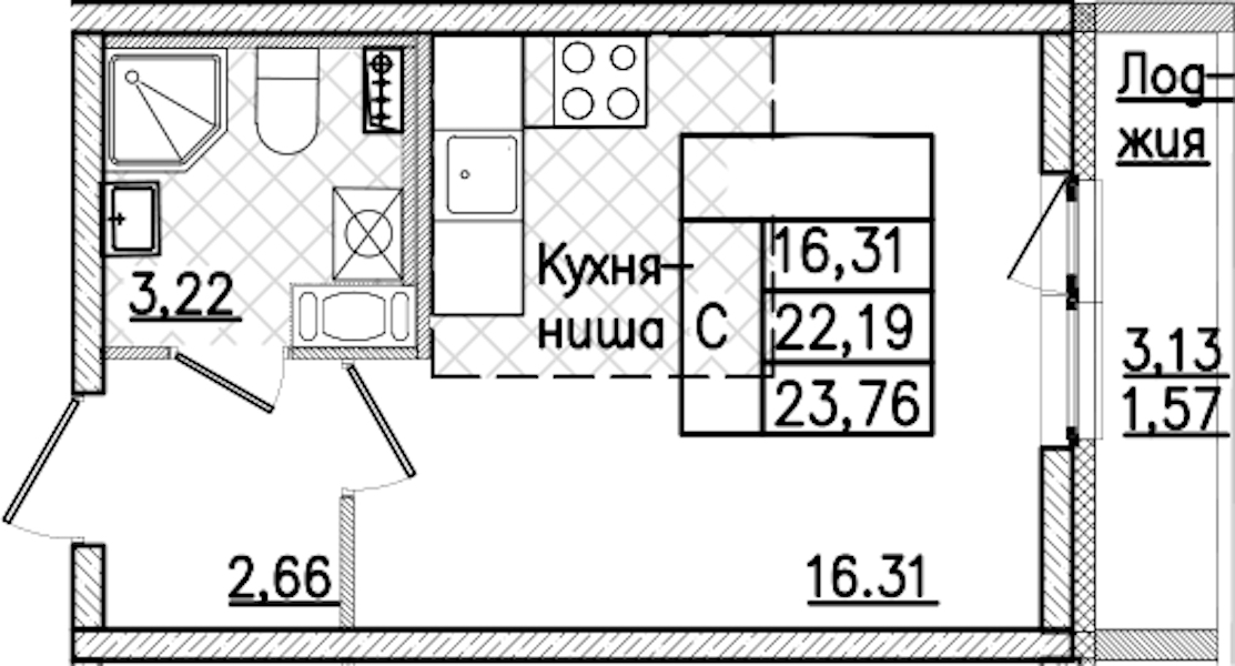 Квартира студия 23.76 м², 4/9 эт., ЖК «Кинопарк»