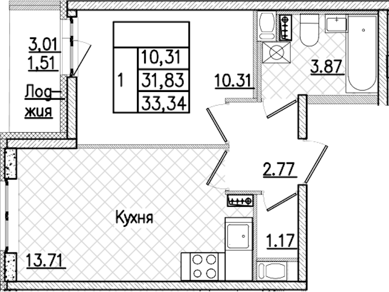 1-комнатная квартира 33.34 м², 5/9 эт., ЖК «Кинопарк»