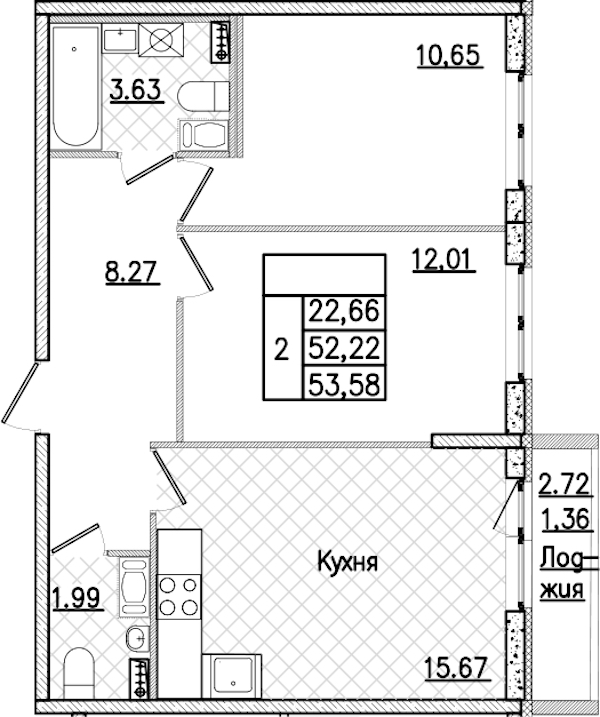 2-комнатная квартира 53.58 м², 5/9 эт., ЖК «Кинопарк»