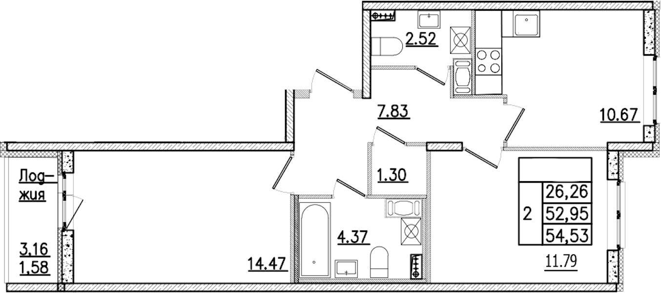 2-комнатная квартира 54.53 м², 6/9 эт., ЖК «Кинопарк»